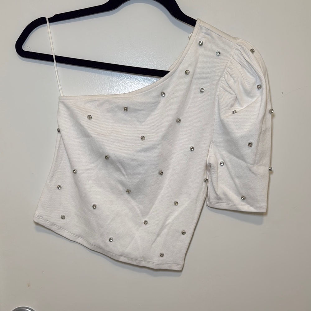 Express Multicolored Asymmetrical Embellished Crop Top